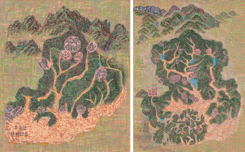 좌측 민정기, <무등산 천제단도> 2020, 우측 민정기, <무등산 가단문학 정자도> 2020, 사진촬영 : 작가 제공