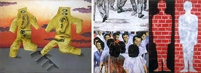 왼쪽 민정기, <소문 II>, 1980, 캔버스에 유채, 130 X 162cm. 오른쪽 민정기, <거리에서-사람들>, 캔버스에 아크릴, 145 X 224cm, 사진촬영 : 작가 제공